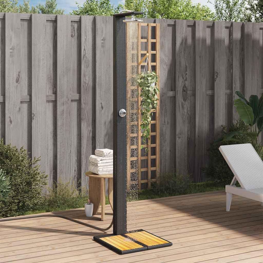Mangloder Doccia da Giardino Nero in Poly Rattan e Legno di Acacia 50x55x224cm Autoportante con Getto Girevole Doccia Superiore per Giardino, Piscina, Vasca idromassaggio ed Estate