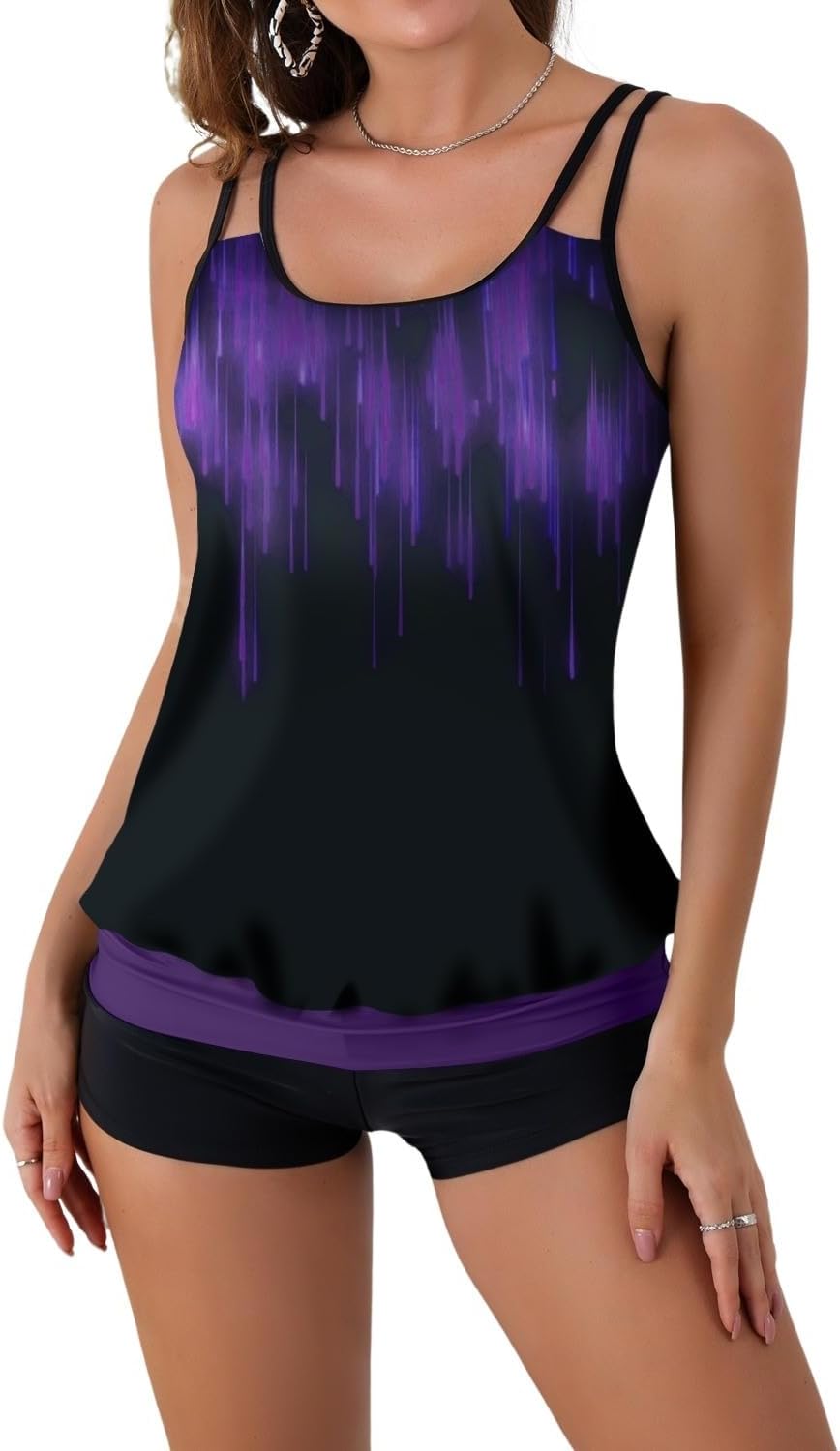 B2prity Tankini Swimsuit Tummy Control Blouson Two Piece Bathing Suit for Women Tank Top with High Waist Boy Shorts Swimwear