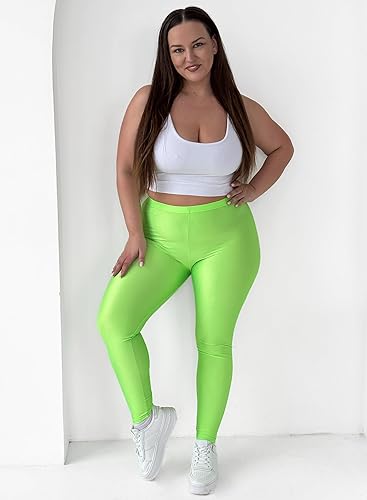 Vista 5 de Leggings brillantes para mujer, estilo vintage de los años 8090, verde neón, rosa, naranja, azul, violeta, negro, ropa para rave y discoteca