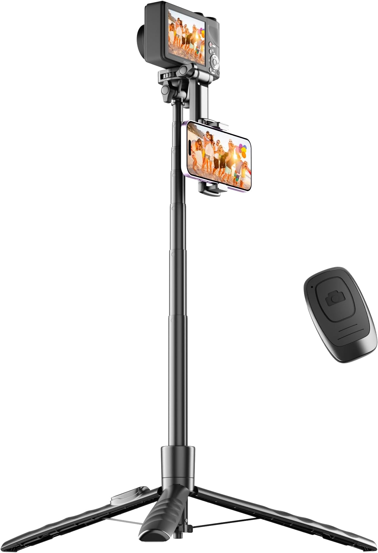 71" Compact Phone Tripod for Phone, GoPro, Camera, Foldable Selfie Stick with Remote and Phone Holder for iPhone, Versatile Tripod Stand with 1/4" Screw & Cold Shoe for Video Recording, Vlog, Stream