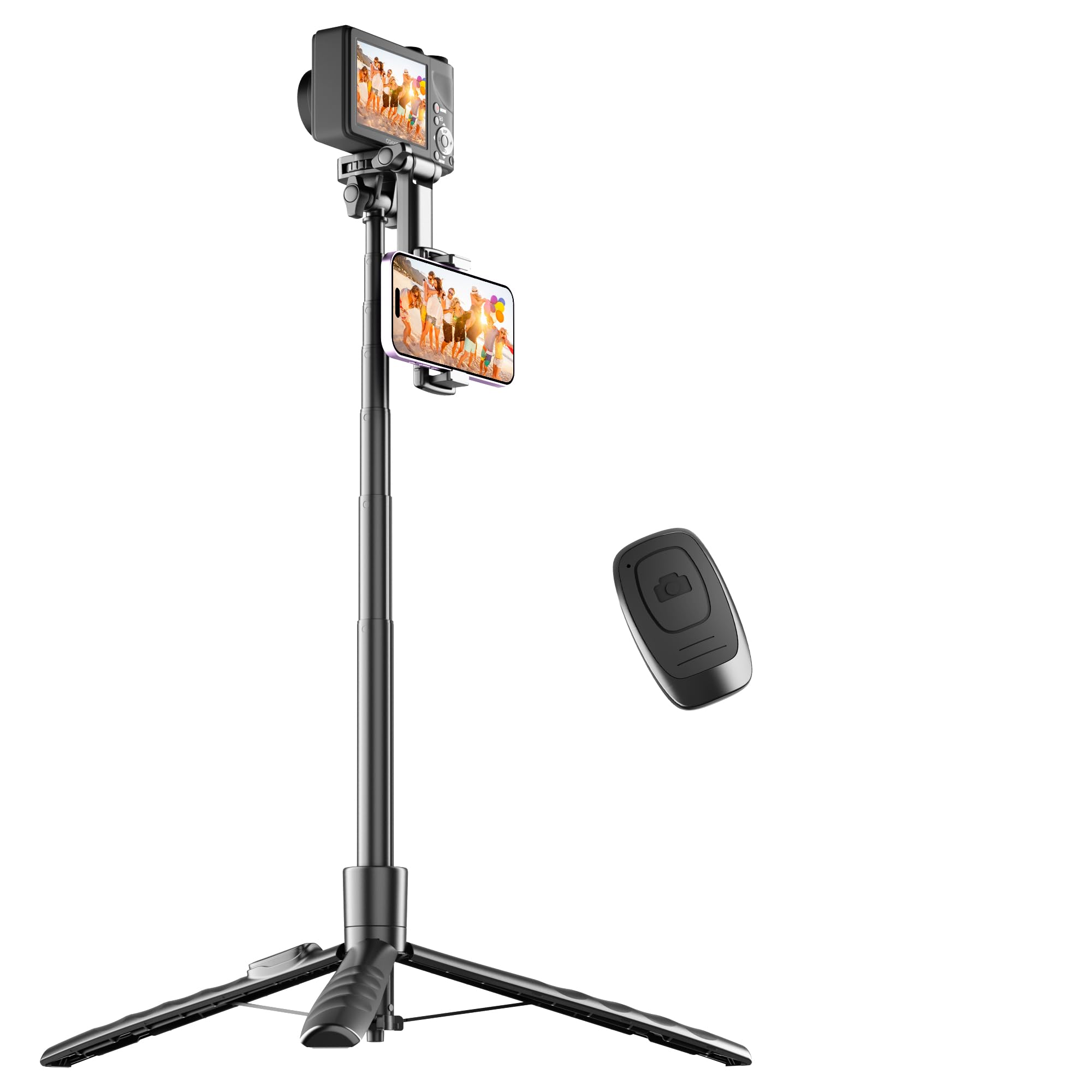71" Compact Phone Tripod for Phone, GoPro, Camera, Foldable Selfie Stick with Remote and Phone Holder for iPhone, Versatile Tripod Stand with 1/4" Screw & Cold Shoe for Video Recording, Vlog, Stream