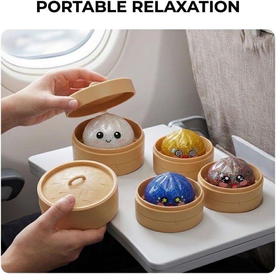 4-Pack Squishy Dumpling Bun Stress Balls - Glitter Colors Fidget Sensory Toys with Kawaii Face for ADHD - Slow Rising Squeeze Stress Reliever for Adults