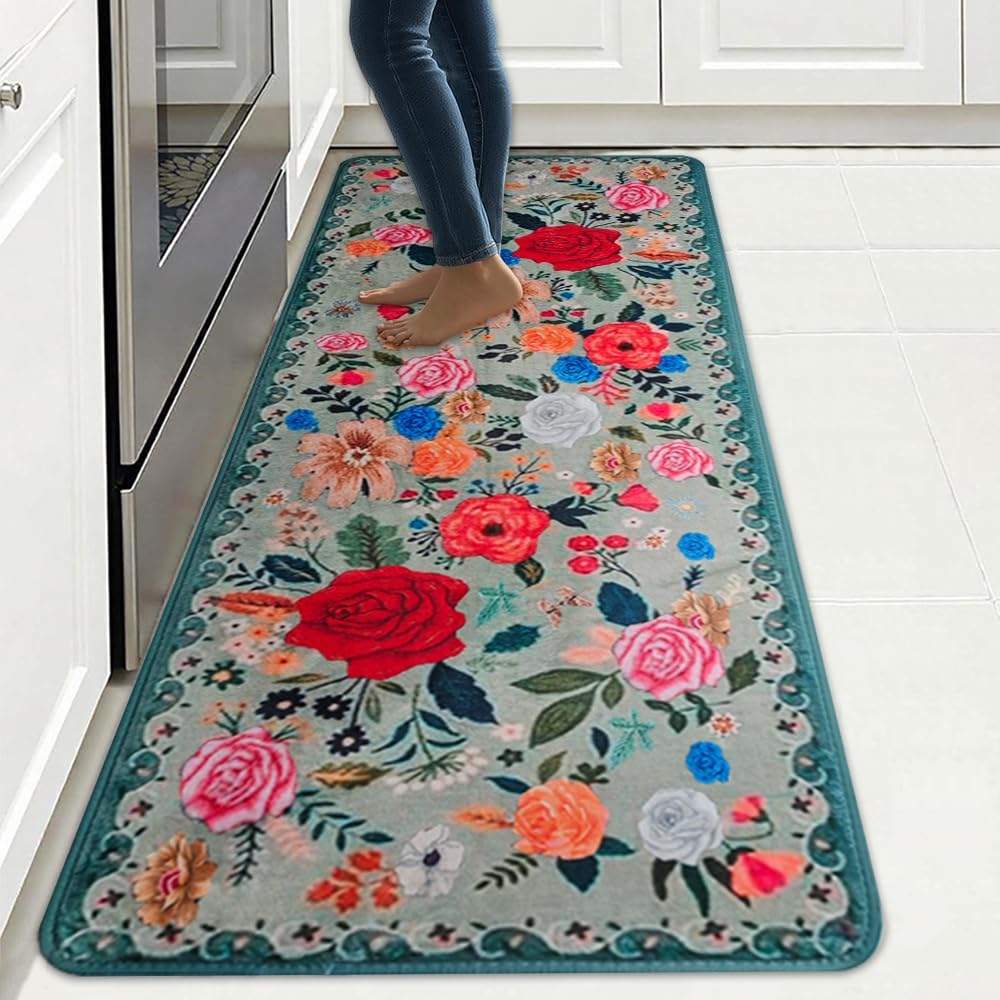 Floral Rugs for Kitchen Mat, Runner Rug for Entryway with TPR Backing 20"X59" Non Slip Farmhouse Carpet for Kitchen Floor Laundry Room Bathroom Bedroom Hallways Area Rugs