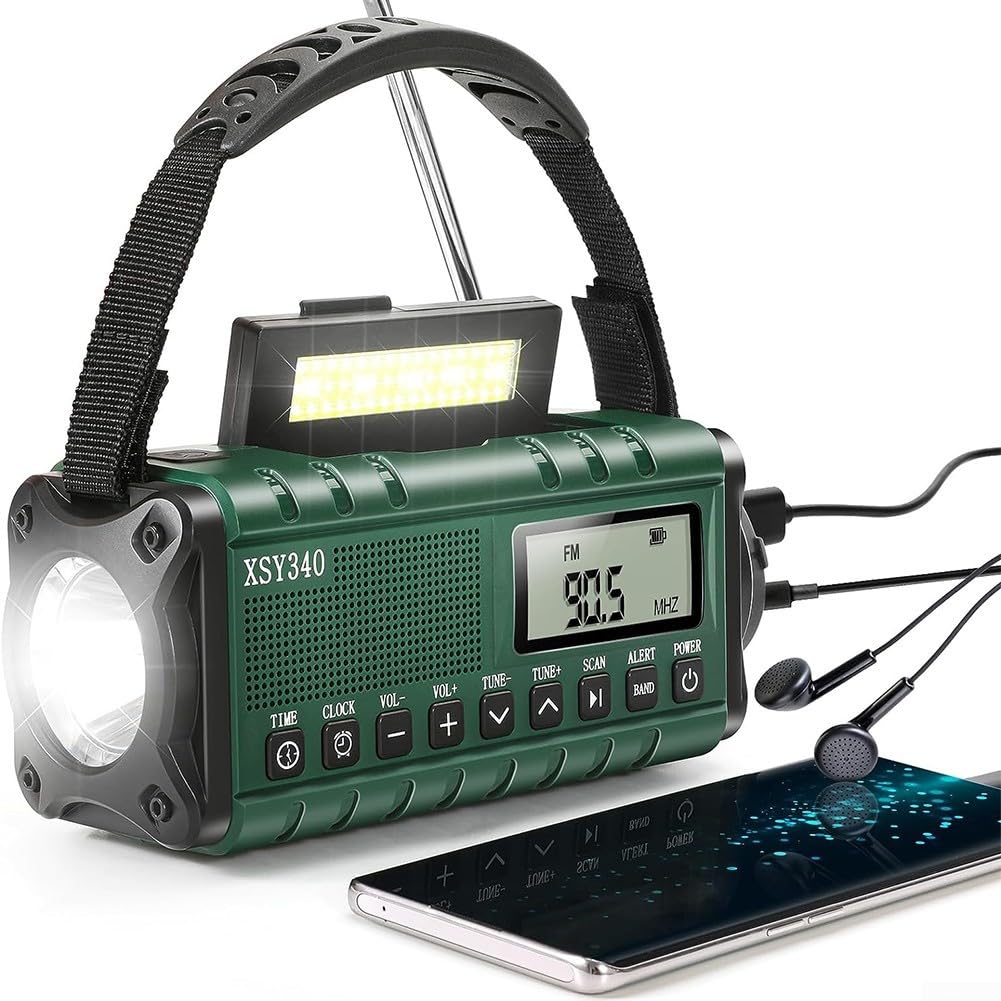 Radio Meteorológica Portátil FM/AM Con Energía Solar Y De Manivela, Batería Externa De 10000 MAh, Linterna LED, Lámpara De Lectura Y Carga USB-C Para Emergencias Al Aire Libre(Army Green)