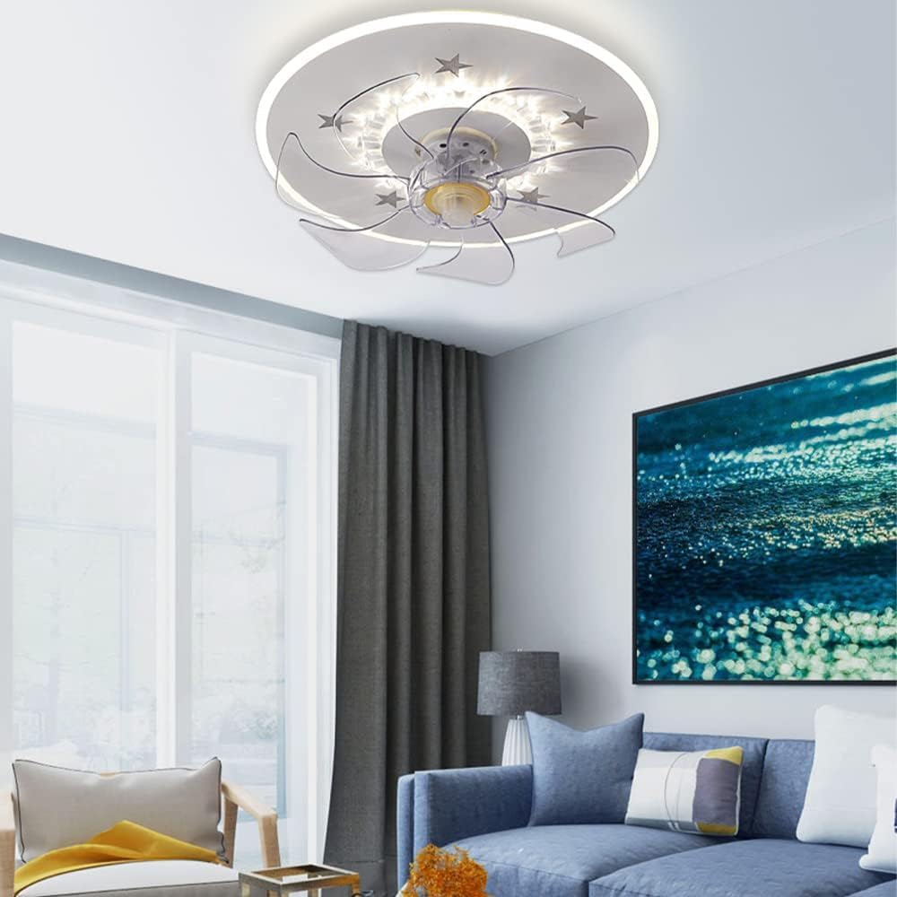 Nordic Round Indoor Low Profile Ceiling Fan Light LED Dimmable Hunter Ceiling Fan Invisible Fan Light Flush Mount Modern Ceiling Fan Lamp for Bedroom Living Room Kids Room