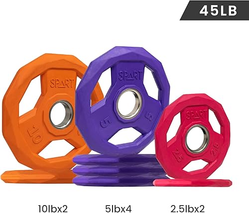 Miniatura 2 de SPART Placa de peso con código de color de 2 pulgadas, placa de agarre olímpico con revestimiento de goma para barra, placas de peso de hierro