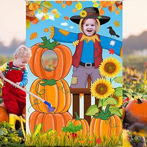Blulu Thanksgiving Photography Backdrop Pumpkin Photo Background Fall Harvest Decoration Large Scarecrow Background Autumn Party Supplies with 6 m Rope 59 x 39.4 Inch
