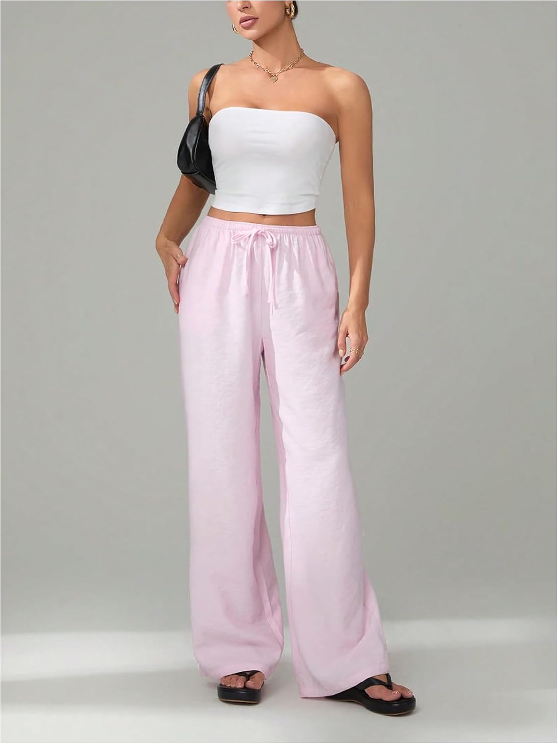 Verdusa Women's Straight Leg Pants Drawstring High Waisted Casual Loose Trousers with Pockets - Image 5