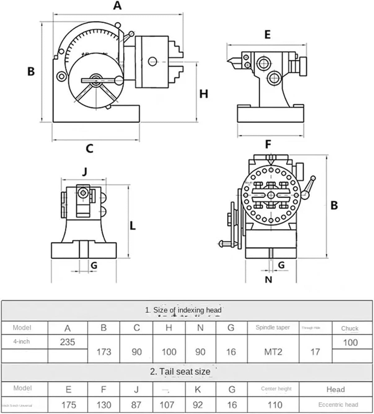 Indexing Dividing Head for Milling Machine 100mm 3-Jaw Chuck Spiral Tailstock Indexing Plate suitable for milling machine rotary table (No Tailstock)