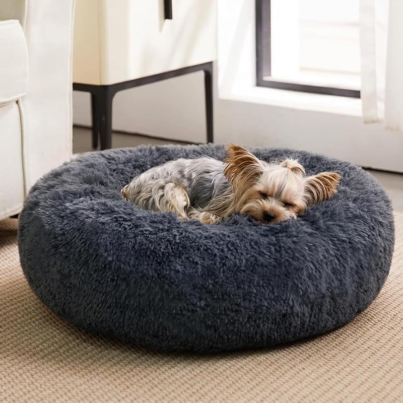 WNPETHOME Cama pequeña y redonda para perros y gatos para un sueño cómodo | Cama para perros pequeños, linda cama lavable para cachorros con felpa peluda, cama para mascotas con ansiedad de piel, abrazo de donut (24 x 24 x 8 pulgadas, azul marino)