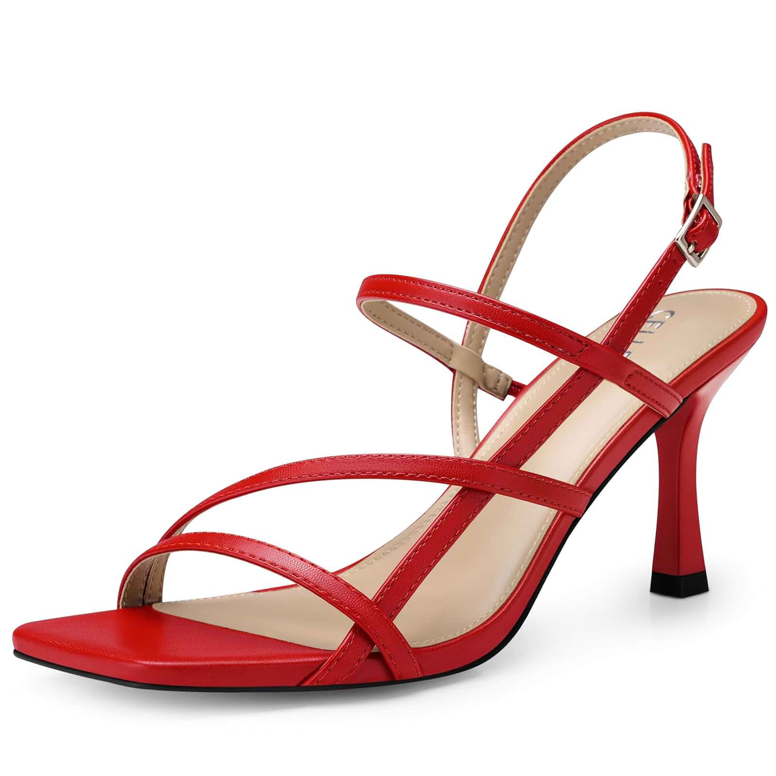 CELLENZ Women Strappy High Heels: Square Open Toe Slingback Sandals, Dressy Sexy Comfortable Kitten Heeled, Prom Party Wedding Black White Gold Nude