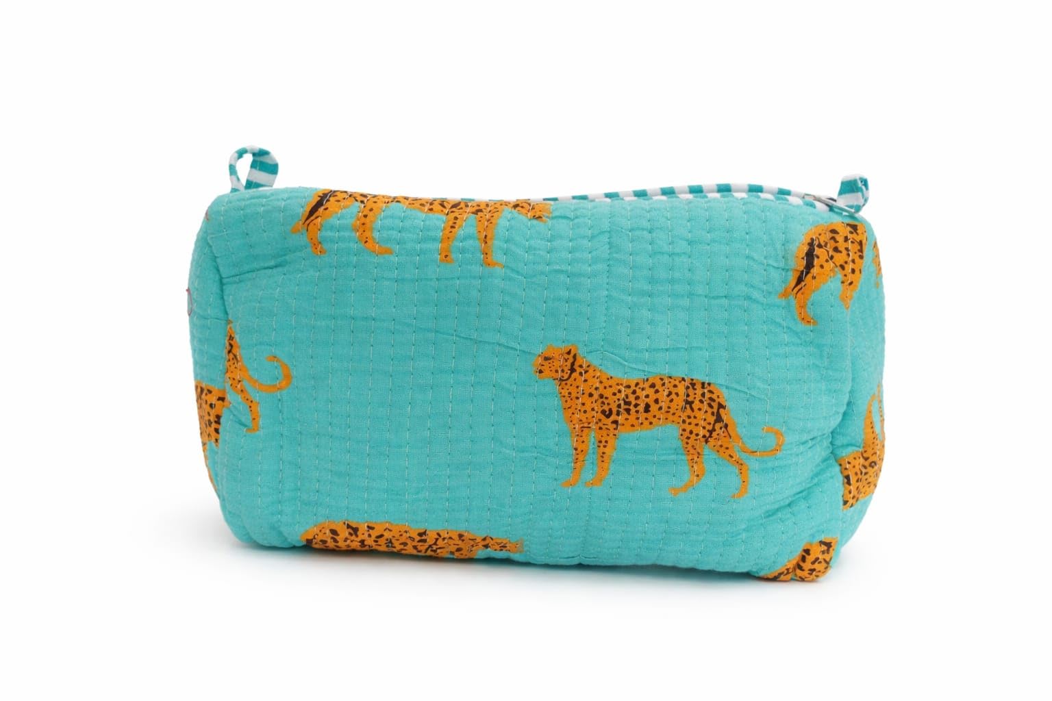 Quilted Cosmetic Bag Turquoise with Leopard Print Zippered Pouch with Hanging Loops Pack of 2 Colour Turquoise with Leopard Print-image-40