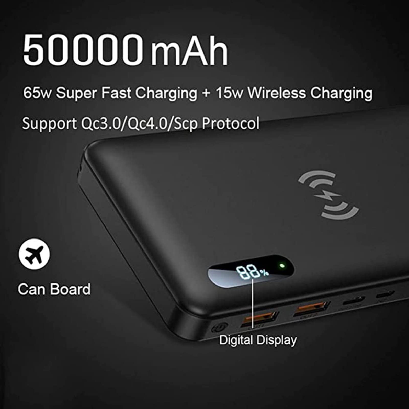 Móvil Portátil Batería Externa Power Bank inalámbrico 30000Mah PD 65W/15W Cargador portátil QC3.0/QC4.0/SCP Carga rápida con 2 entradas y 3 Salidas (Qi y USB C) Batería Externa para teléfono