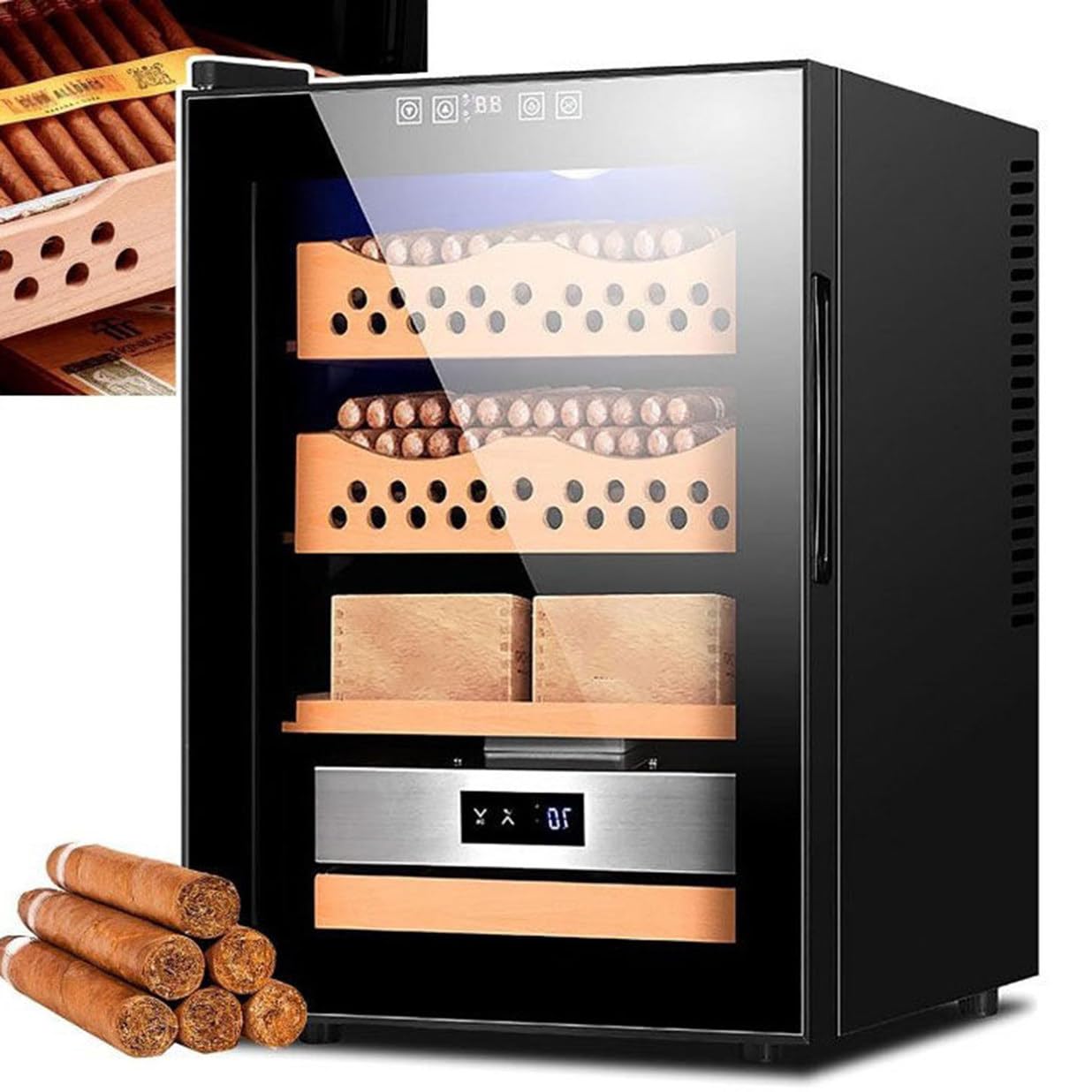 Humidor-Zigarrenschrank, intelligenter elektronischer Zigarren-Humidor-Schrank, elektrischer Zigarren-Humidor-Kühler mit Zedernholzfutter, 4-lagige Schubladen, Temperatur 11–18 °C