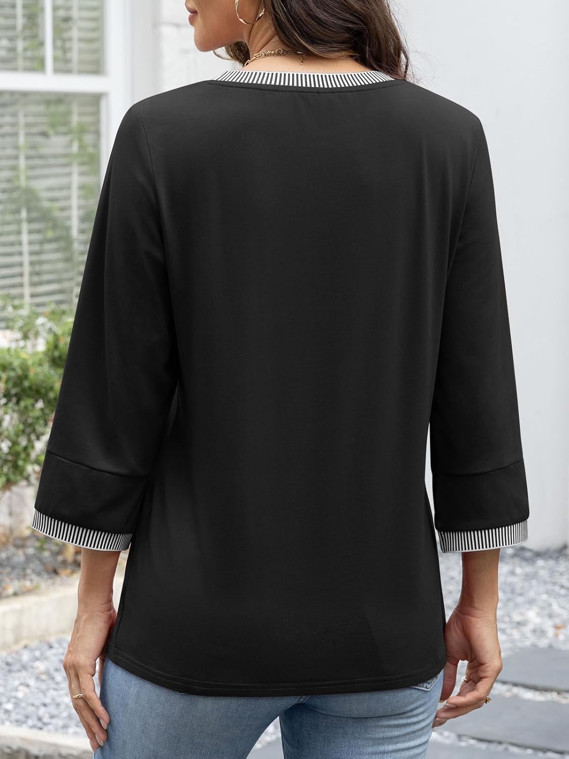 ATHMILE Women's 3/4 Length Sleeve Tops Dressy Casual Striped Crew Neck Fall T Shirts Spring Blouse Summer Tunics - Image 3