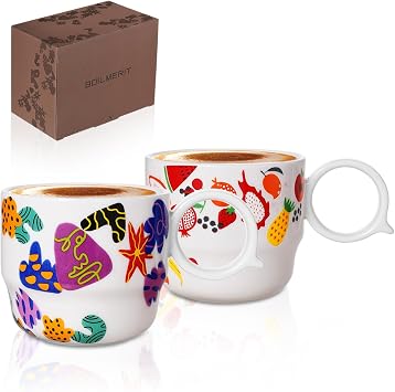 Ceramic Espresso Cups Set of 2   Mini 3 oz Double Espresso Coffee Cups Small Espresso Shot Cups with Cute Q Handle, Gift for Coffee Lovers, Floral and Fruit Patterns-White