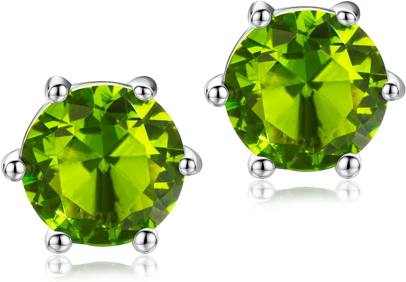 DAYBYDAY 925 Sterling Silver Birthstone Earrings for Women, Crystal Stud Earrings, 6.5mm Round Cut Solitaire Gemstone Earrings Birthday Jewelry