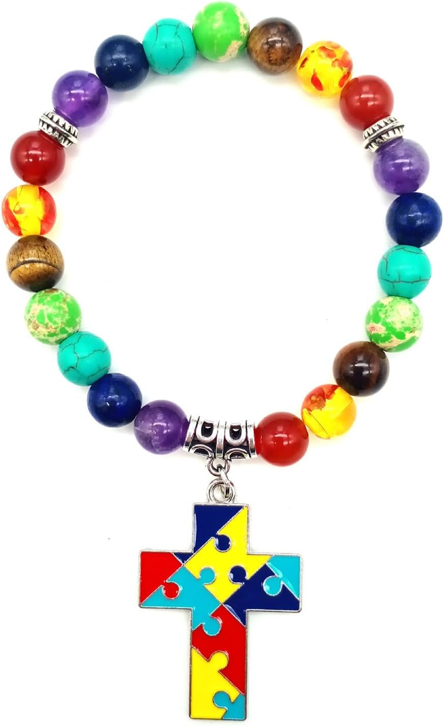 Autism Awareness 7 Chakra Gemstone Natural Stone Beaded Bracelet Love Heart Cross Ribbon Round Puzzle Elastic Cord Autistic Bracelet for Women Men Friend Yoga Meditation Jewelry Gift - Image 3