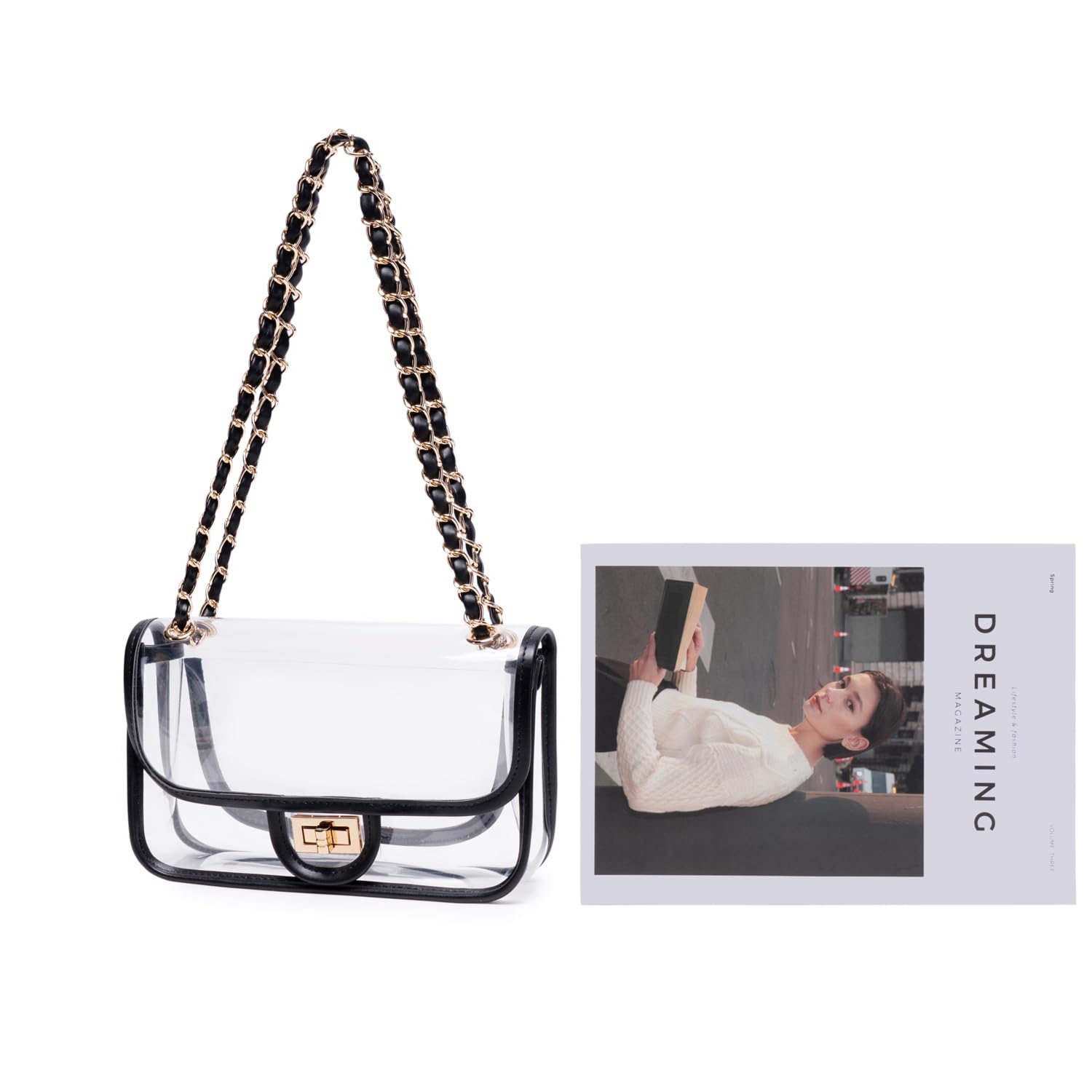 Transparente PVC-Handtasche für Damen, mit Kette, Stadion-zugelassen, durchsichtige Tasche, durchsichtig