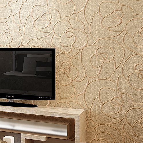 MEAIHOME Modern Simplicity 3D Rose Pattern Non-Woven Flocking Deep Embossed for Living Room Bedroom Wallpaper Roll 0.53m (1.73' W) x 10m (32.8' L) = 5.3㎡ (57 sq.ft) Non-Pasted (Beige)