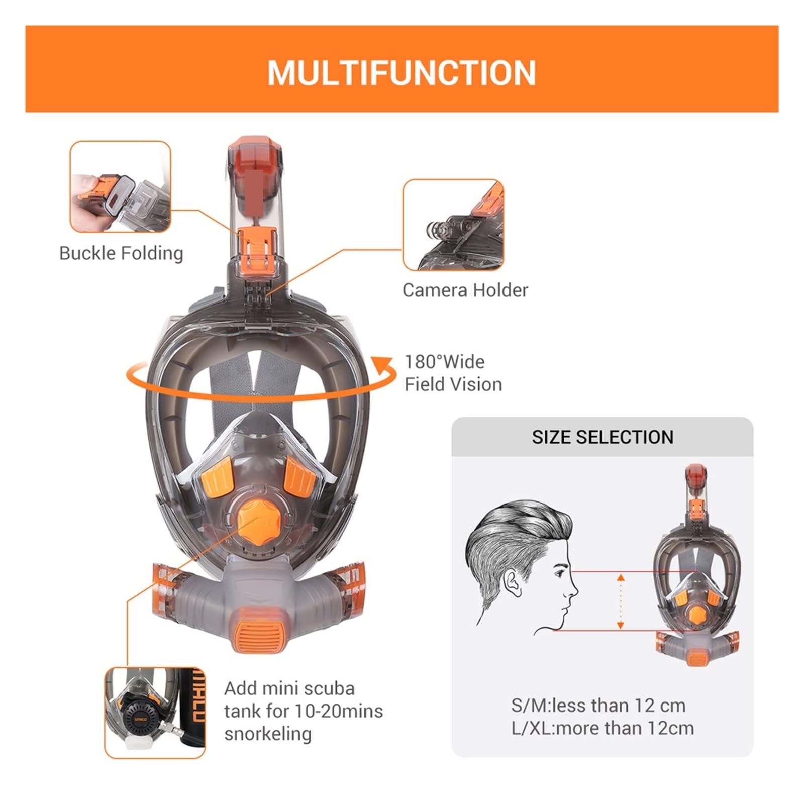 Bombola Subacquea, Nuoto/Maschera Subacquea Snorkel Full Face Wide View Pieghevole Anti Fog Diving Mask for Il Nuoto Adult Youth,per Principianti(S/M)