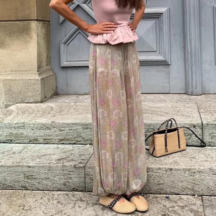 Floral Sheer Wide Leg Baggy Flared Summer Pants Y2k See Through Bell Bottom Pants Women4