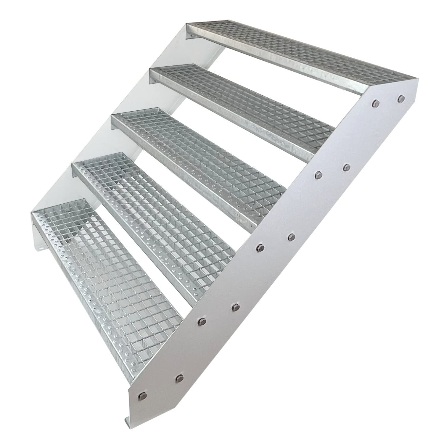 Premium Caillebotis acier Escalier à limon 5 Marches Entièrement galvanisé et Blanc Limons revêtus de poudre - Dimensions (L x l x H) 101cm x 80cm x 95cm