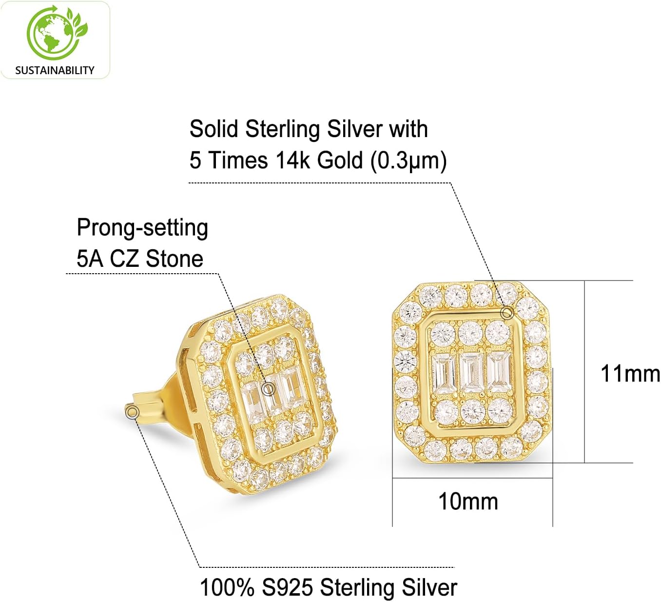 KRKC&CO Earrings for Men, Sterling Silver, Birthday Gift for Mens, 14K/White Gold Studs, Blue Iced Out Earring, Hypoallergenic Ear, 5A CZ Stones, Fathers Day, Party Jewelry