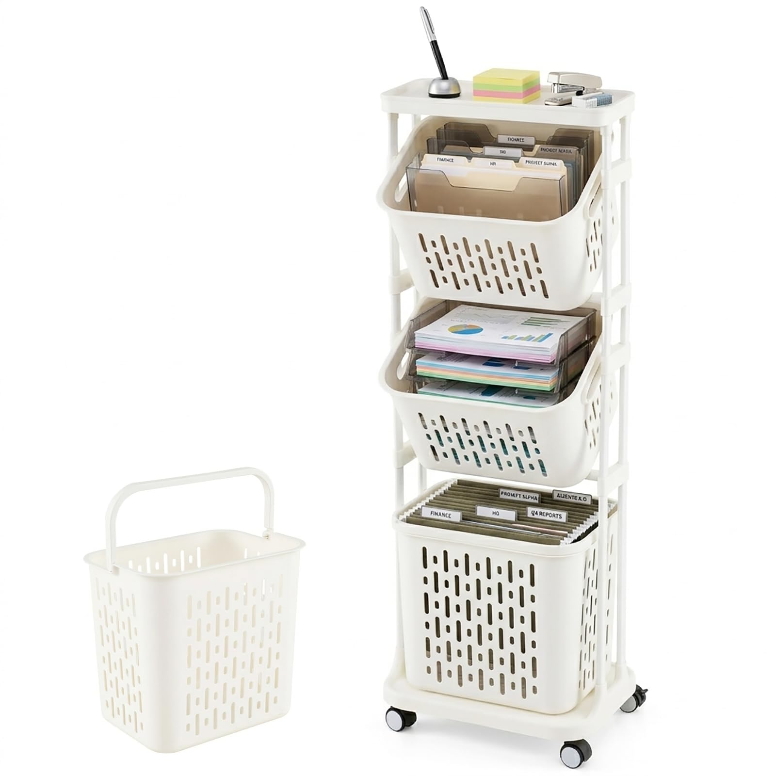 COSTWAY Wäschekorb Ständer, 72L Wäschesammler schmal 30cm breit, großer Korb mit Griff & 2 kleine Körbe mit kippbarem Design, Wäschesortierer Plastik, Rollwagen 3 Fächer, Metallrahmen, beige