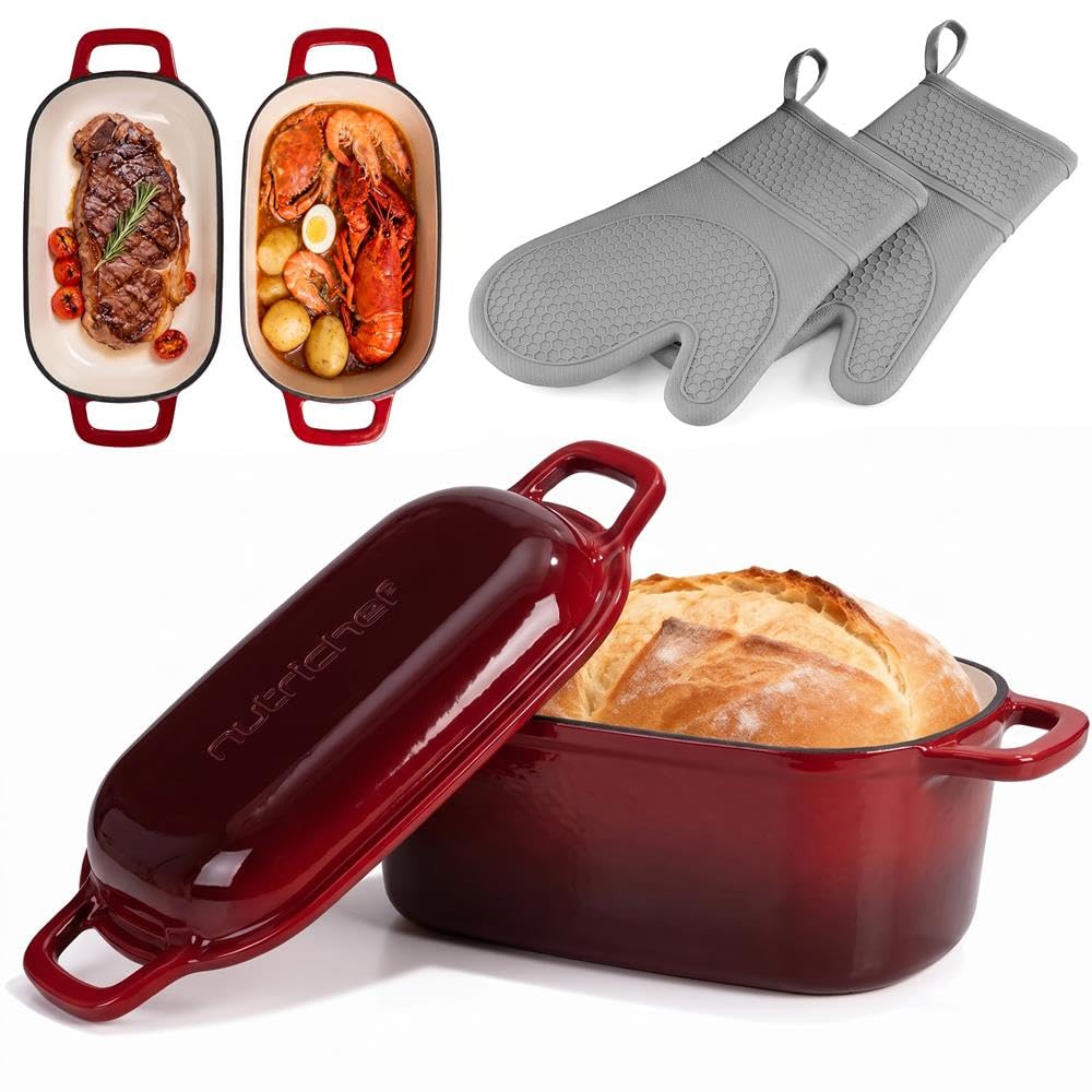NutriChef Gusseisen Topf - Brotbacktopf - mit Deckel - 25,4 cm ovaler Brottopf mit Silikonhandschuhen - zum Backen Braten Schmoren und mehr - Spülmaschinenfest, Rot