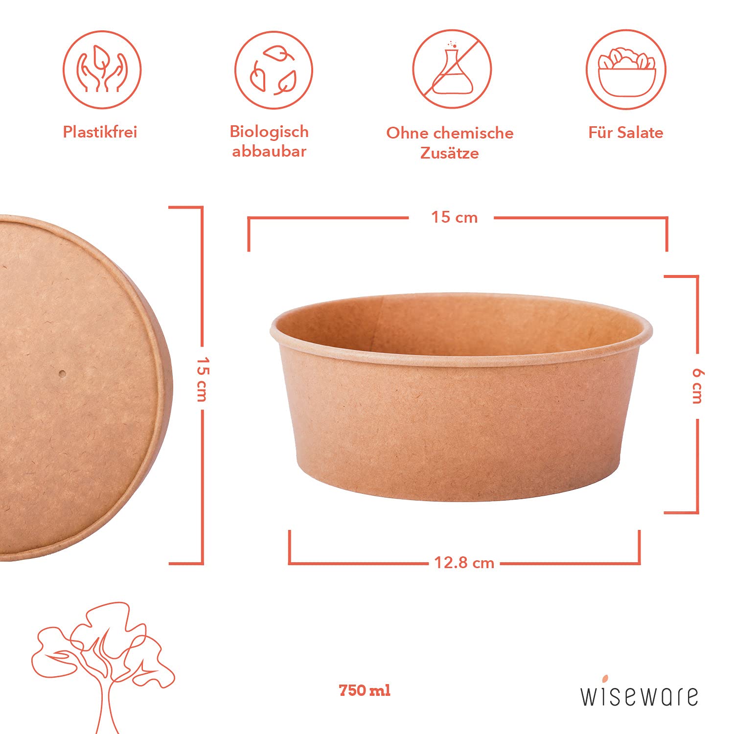 Wiseware Disposable Lids To Go Brown – Pack Of 25 Round Cardboard - View #4