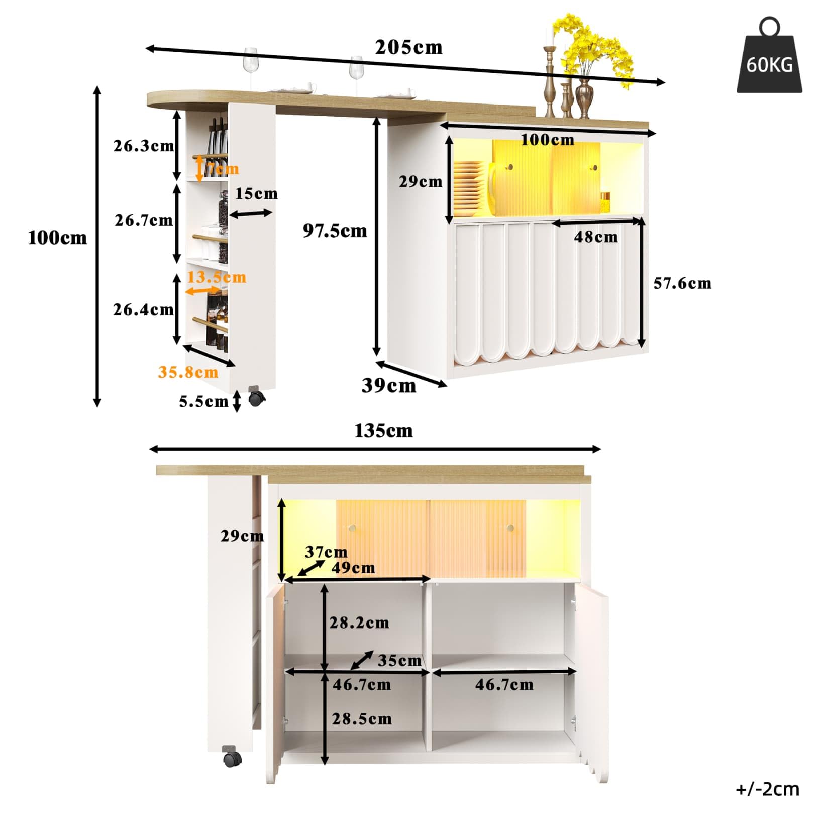 Table de Bar Extensible avec Espace de Rangement,Table Bar Cuisine Pivotant à 360° Moderne avec LED,Meuble de Rangement pour Cuisine,Salon,Salle à Manger,135-205×39×100cm (Blanc-B)