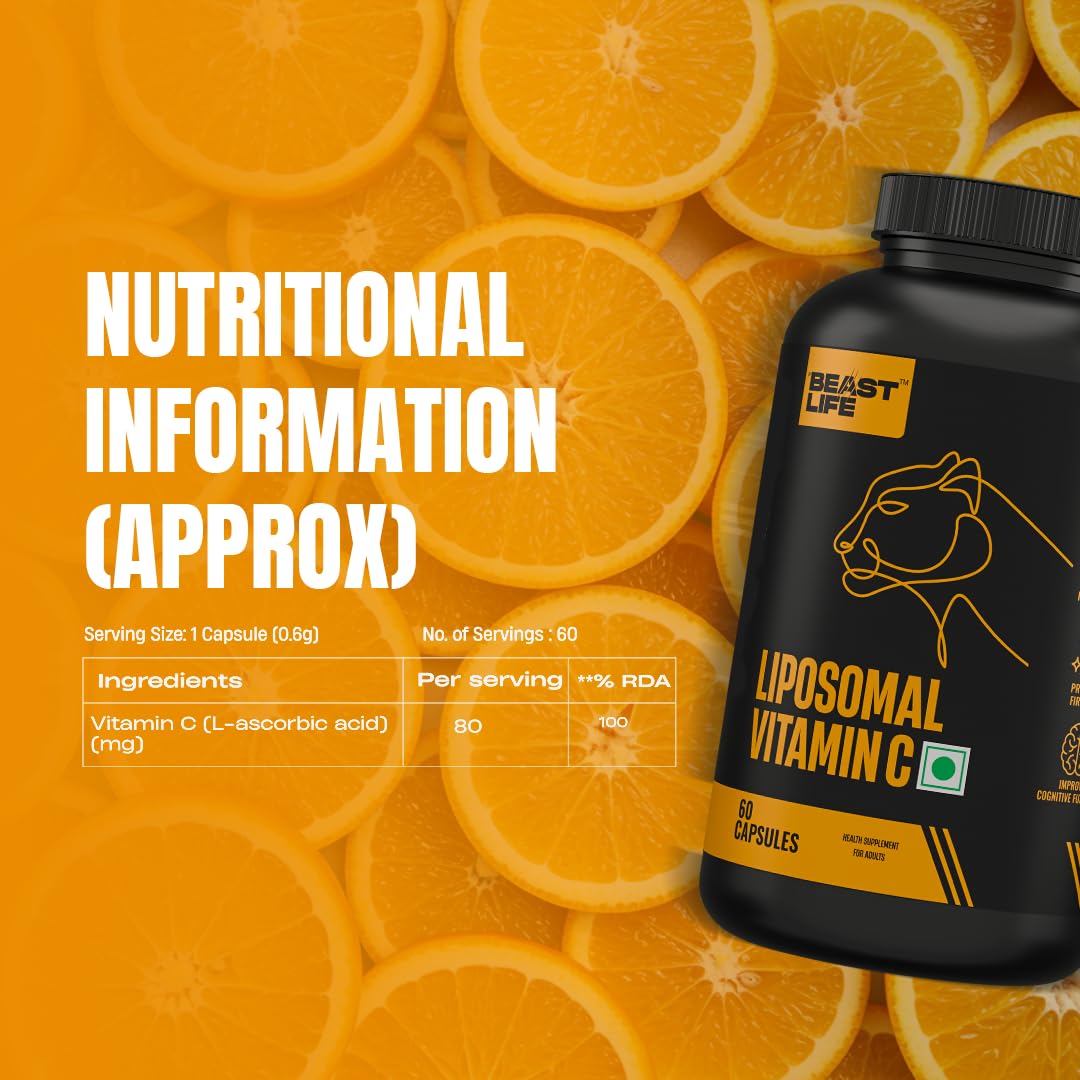 BeastLife Liposomal Vitamin C | Higher bioavailability | Neutralizes free radicals | Promotes firm skin Health | Improve cognitive function Immunity Support– Fast Absorption & Bioavailability | 60 Capsules 2
