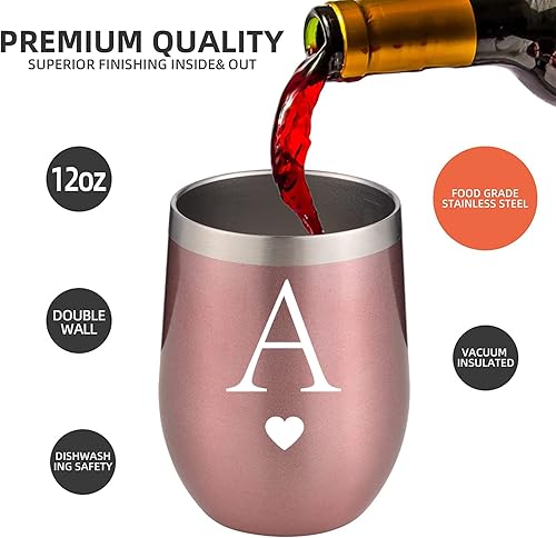 Miniatura 3 de Regalos iniciales personalizados, vaso de vino de acero inoxidable de 12 onzas con cepillo para pajilla, taza insultada de oro rosa, regalo de boda,