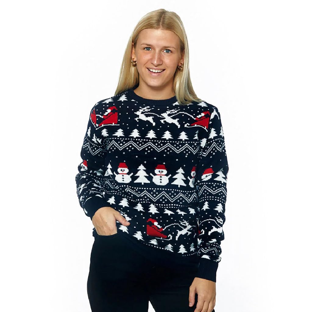 Pull de Noël pour Femme, Homme et Enfant Bleu avec Sapins, Bonhommes de Neige et Père Noël