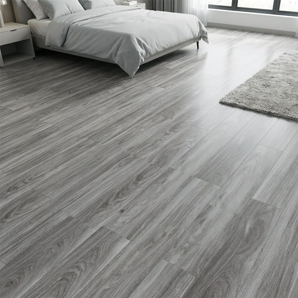 Peel and Stick Floor Tile Vinyl Wood Plank 36-Pack 54 Sq.Ft, Deep Gray, Rigid Surface Hard Core Easy DIY Self-Adhesive Flooring (Light Gray, 36 Pack)