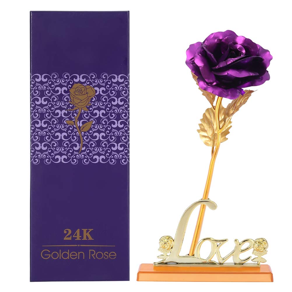 Zerodis Purple 24K Gold Foil Trim Artificial Rose Love Forever Long Stem Flower Decor Handcrafted Romantic Gift With Stand For Valentine's Day Mother's Day Anniversary Birthday Gift Wedding Favors(Purple)