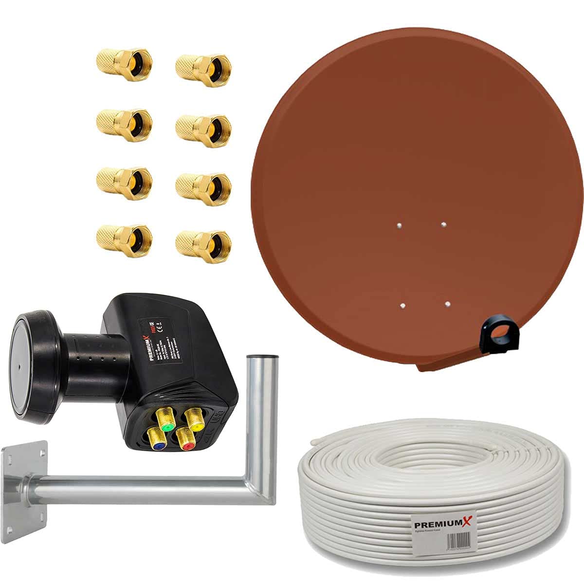 PremiumX Satelliten-Komplettanlage 80cm Satellitenschüssel Ziegelrot Quad LNB Kabel 50m Wandhalter 45cm, SAT bis 4 Teilnehmer