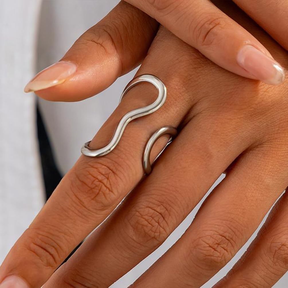 Dainty Big Chunky Gold Irregular Wavy Rings for Women, Bold Large Silver Thumb Index Finger Open Ring Non Tarnish Statement Individual Party Jewelry Gift - Image 3
