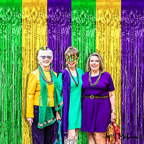 Image of 4 Pack 3.2Ft x 9.8Ft Mardi Gras Fringe Curtain Backdrop, Gold Green Purple Metallic Tinsel Foil Fringe Streamers Curtains Background for Photo Booth Birthday Wedding Carnival Party Decorations