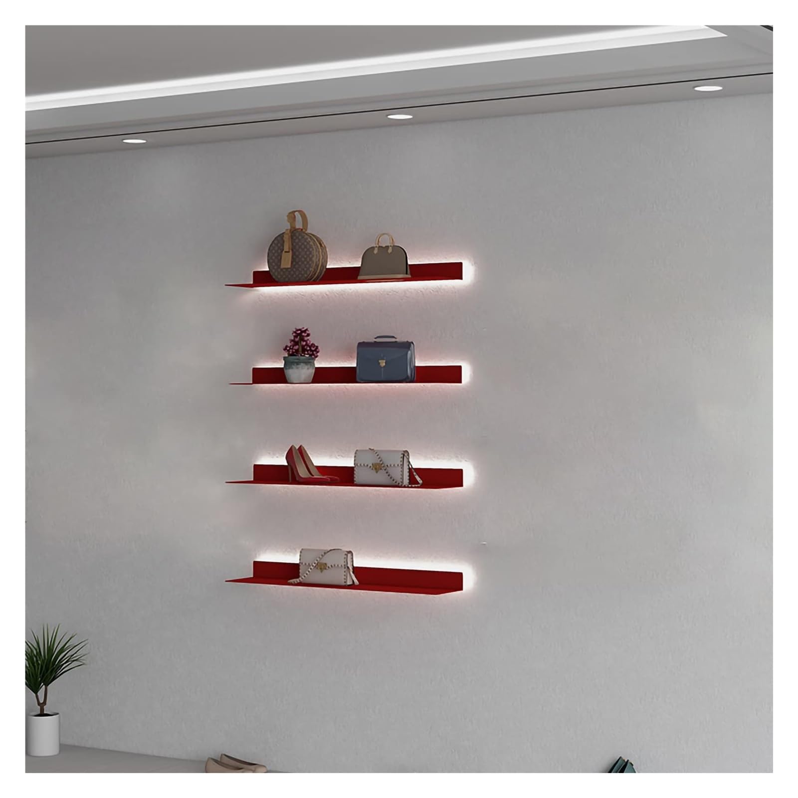 Mensola sospesa da parete rossa con luce calda a LED, espositore da parete in metallo per decorazione domestica (60 x 20 cm)