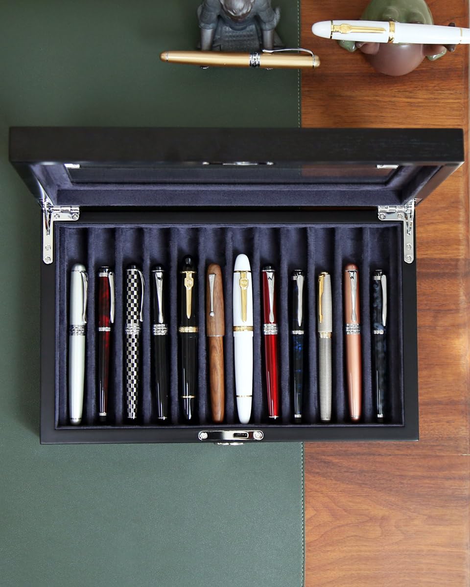 Stift-Vitrine aus Holz, 12 Stifte, Füllfederhalter-Präsentationsbox, abschließbare Stift-Aufbewahrungsbox mit Glas und High-End-Hardware, Stiftebox, Organizer, Stiftsammlungs-Vitrine (schwarz