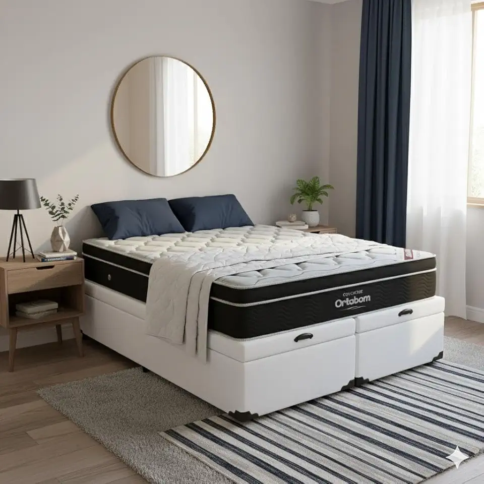 Cama Box Com Baú Queen Bipartido Corino + Colchão de Molas Ensacada Elegant - 158cmx1.98cm (Branco)