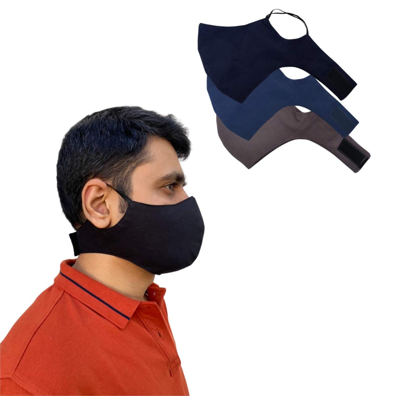 Malka Cotton Reuseable Sports Gym Mask with Neck Strap (Black, Without Valve, Pack of 3) for Men