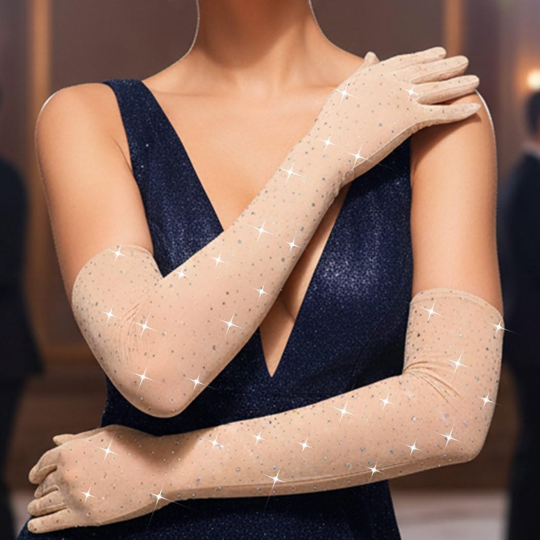 CASDRE Sparkly Rhinestone Gloves Long Mesh Elbow Length Arm Sleeves Wedding Prom Costume Gloves for Women