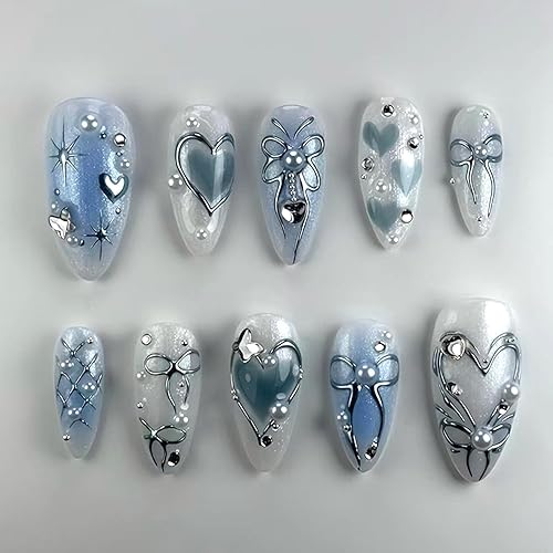 24pcs Dark Blue Press on Nails Medium Almond Fake Nails