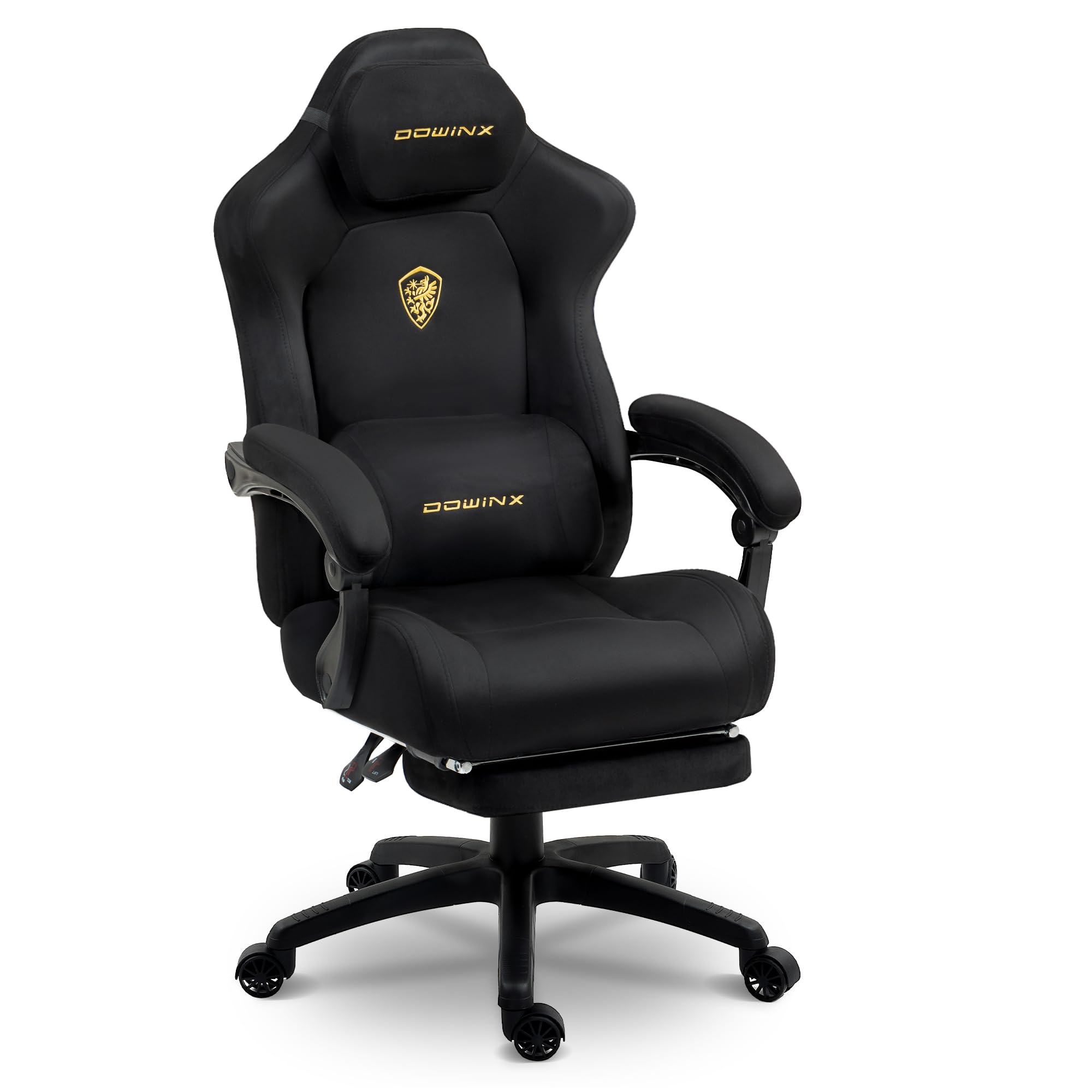 Dowinx Chaise Gaming Ergonomique avec Coussin Lombaire Réglable, Fauteuil Gamer en Velours, Assise Épaissie, Repose-Pieds Rétractable, Accoudoirs Réglables, Dossier Inclinable 160°, Noir