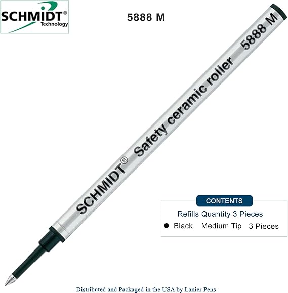 3 Pack - Schmidt 5888 Safety Ceramic Rollerball Metal Refill - Black Ink (Medium Tip 0.7mm)