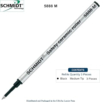 3 Pack - Schmidt 5888 Safety Ceramic Rollerball Metal Refill - Black Ink (Medium Tip 0.7mm)