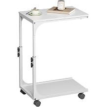 WLIVE Mobile C-Shaped Side Table, Adjustable Bed Table on Wheels,White